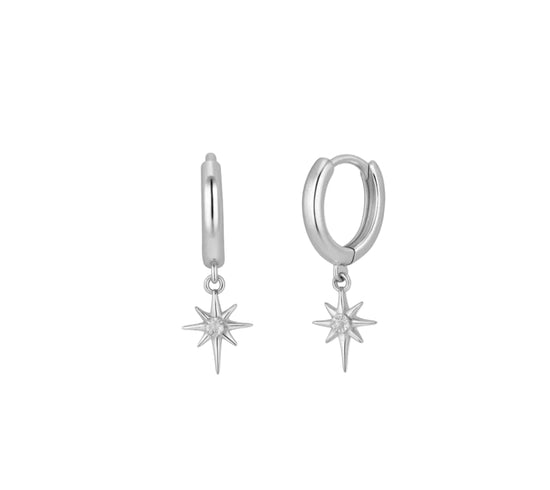 Silver hoop earrings with star-shaped charms on a white background