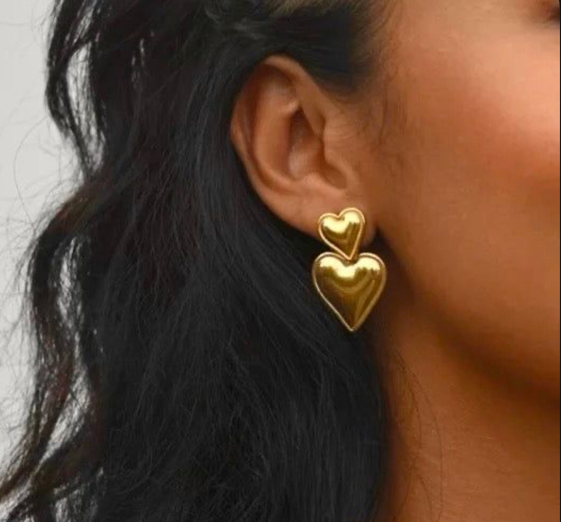 Double Heart Earrings - Gold